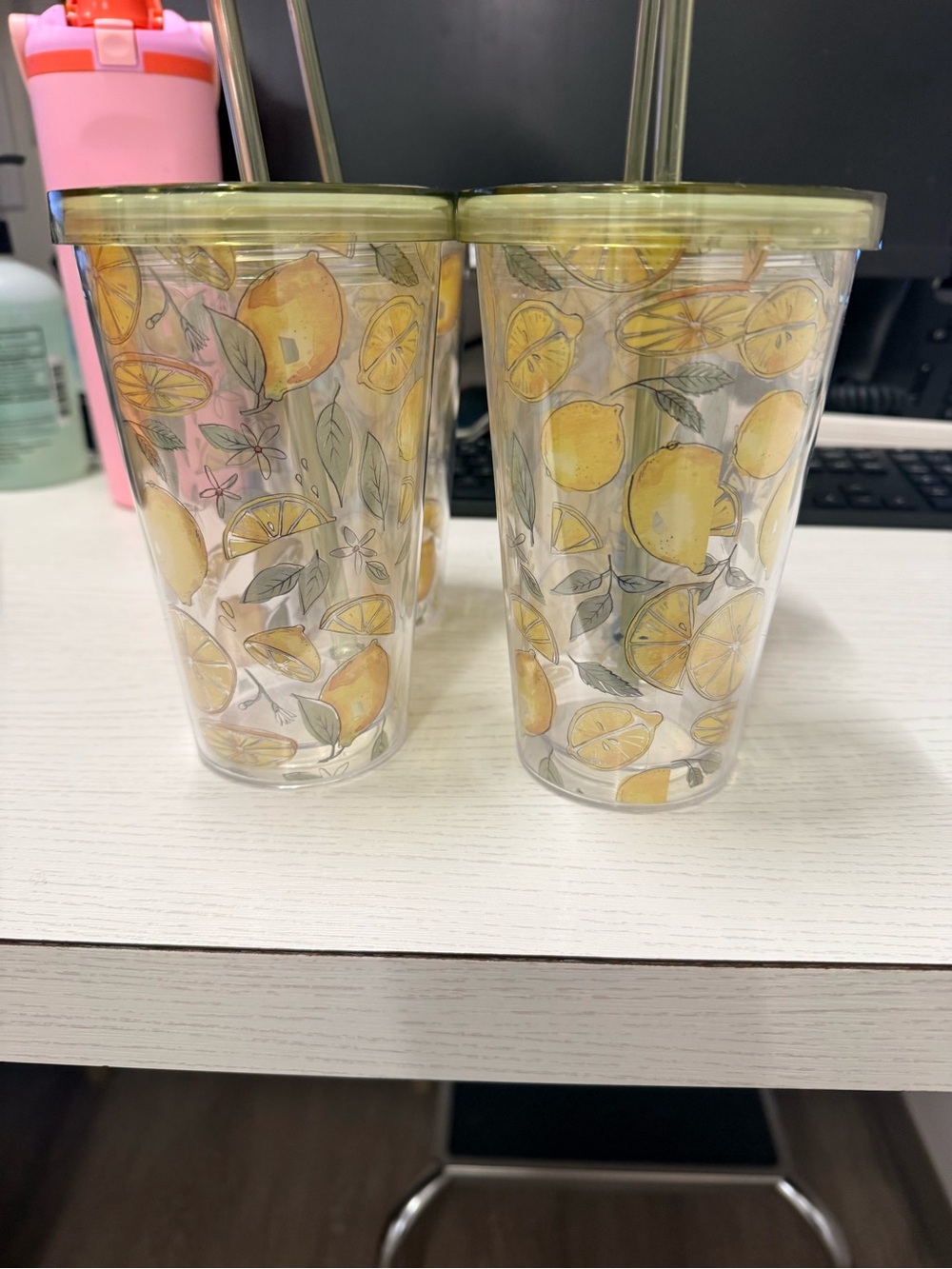 Lemon Print Double-Wall Tumbler with Straw - Yellow set of 4